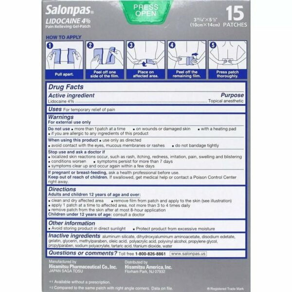 Patch Antidouleur Salonpas Lidocaine 4 % Maximum Strengh, 15 Unités – Image 5