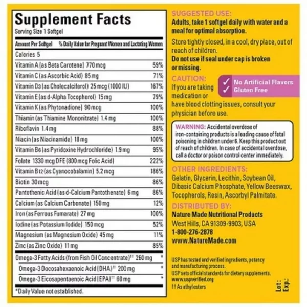 Vitamines Prénatales Nature Made + DHA 200 mg ,150 Gélules Molles – Image 6