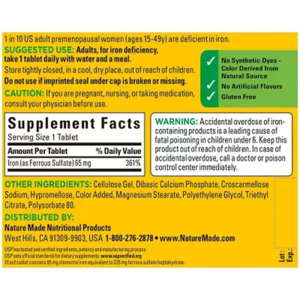 Nature Made - Fer 65 mg (Sulfate Ferreux) , 365 Comprimés – Image 5