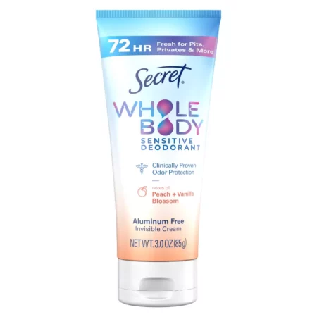 Déodorant Crème Corps Secret Whole Body Pour Femme, Sans Aluminium, Pêche Vanille, Invisible, 85g