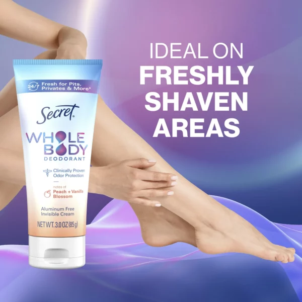 Déodorant Crème Corps Secret Whole Body Pour Femme, Sans Aluminium, Pêche Vanille, Invisible, 85g – Image 2