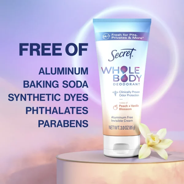 Déodorant Crème Corps Secret Whole Body Pour Femme, Sans Aluminium, Pêche Vanille, Invisible, 85g – Image 8