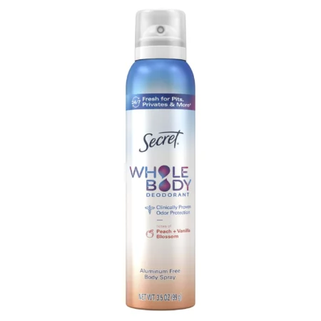 Déodorant Corps Secret Whole Body Pour Femme Sans Aluminium Spray Pêche Vanille, Protection 24h, 99g