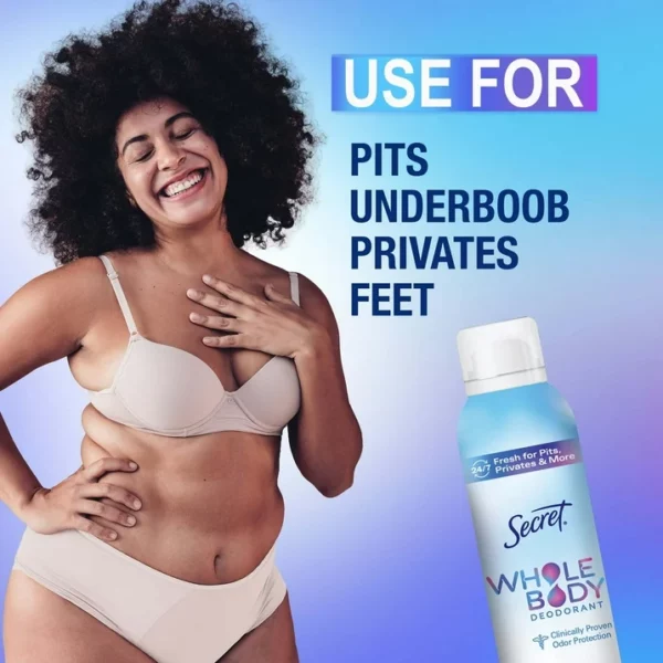 Déodorant Corps Secret Whole Body Pour Femme Sans Aluminium Spray Pêche Vanille, Protection 24h, 99g – Image 3