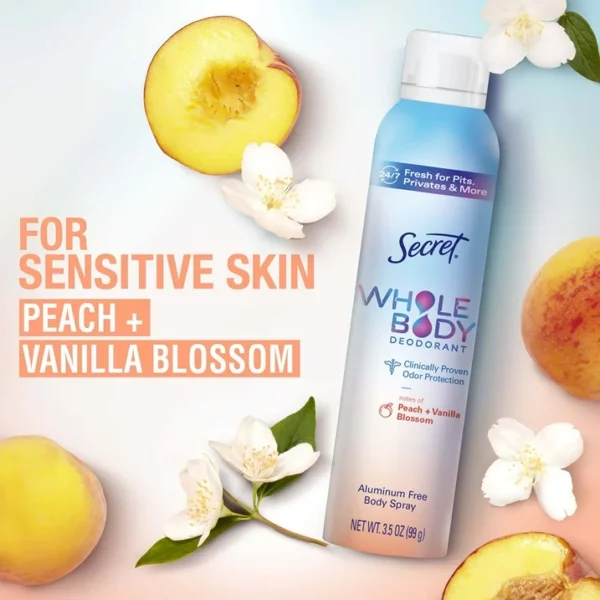 Déodorant Corps Secret Whole Body Pour Femme Sans Aluminium Spray Pêche Vanille, Protection 24h, 99g – Image 7