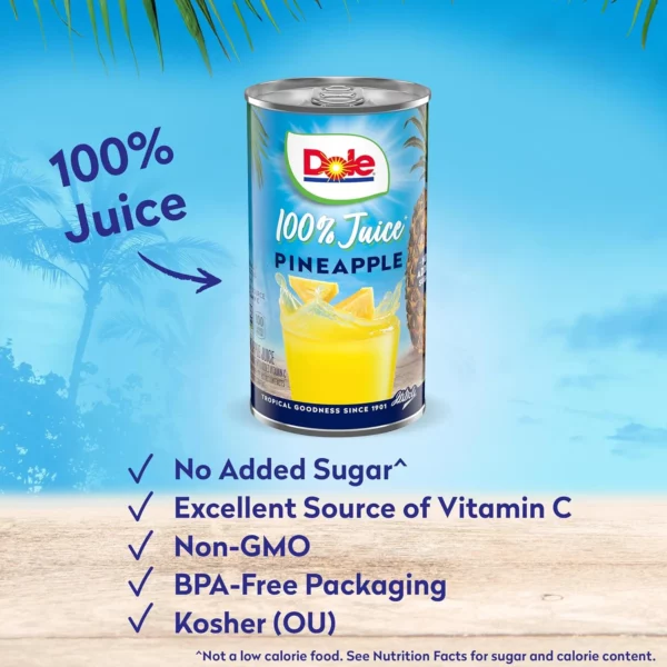 Jus d'Ananas Dole 100% Naturel en Canette, Sans Sucre Ajouté, 240 mL – Image 3