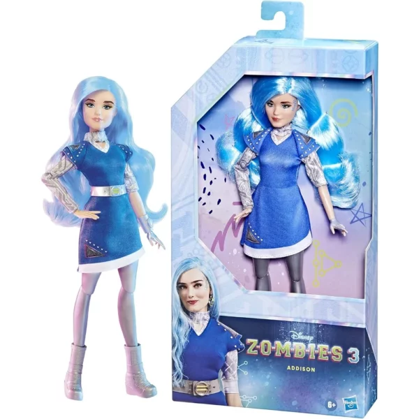 Poupée Disney Zombies 3 Addison Cheveux Bleus 12", Avec Robe & Accessoires