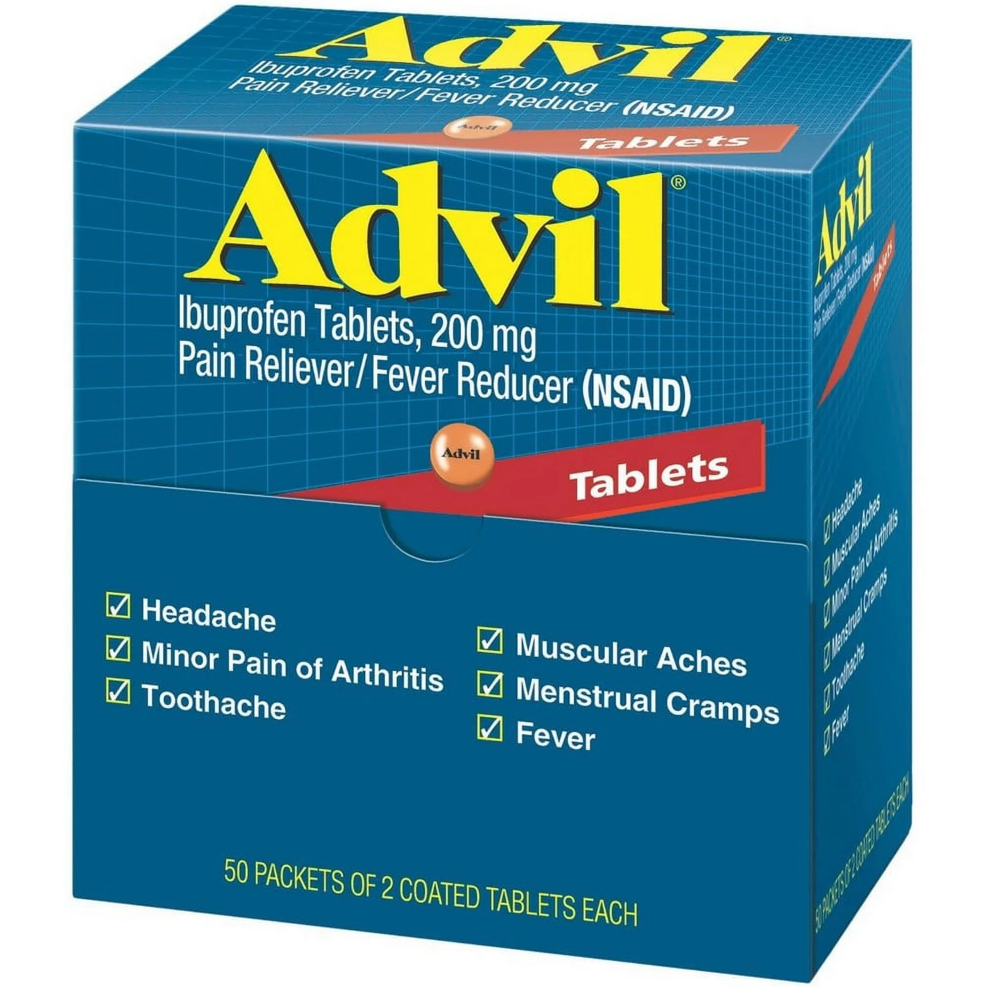 Advil Ibuprofène 200mg - Anti-Douleur & Anti-Fièvre, 50 Paquets Individuels, 100 Comprimés