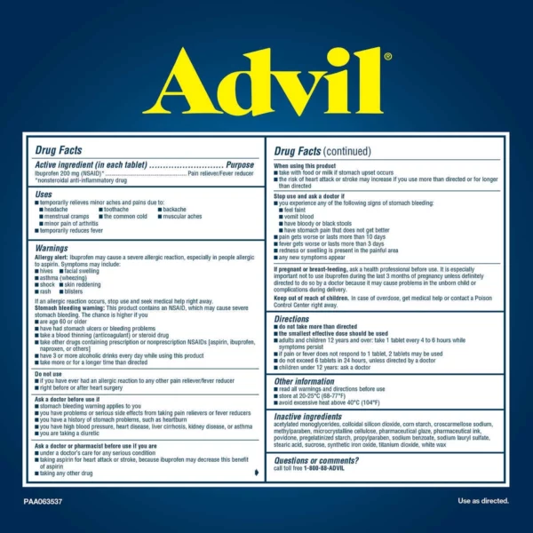 Advil Ibuprofène 200mg, Anti-Douleur & Anti-Fièvre, Grand Format, 360 Comprimés – Image 3