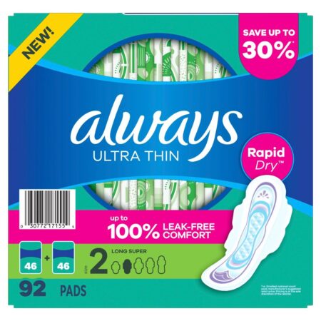 Always, Serviettes Hygiéniques, Ultra Mince, Longues Ailées (Taille 2), Maxi Pack, 92 Unités