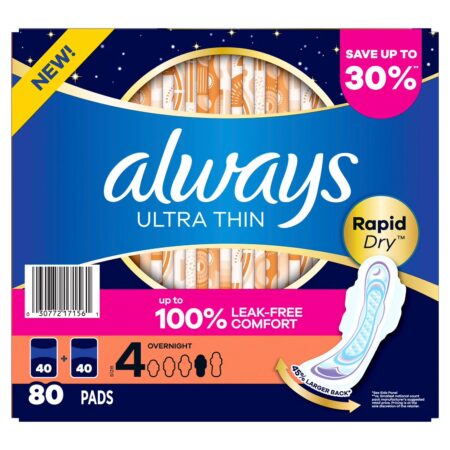 Always - Serviettes Hygiéniques Ultra Mince, Nuit Ailées (Taille 4), Maxi Pack, 80 Unités
