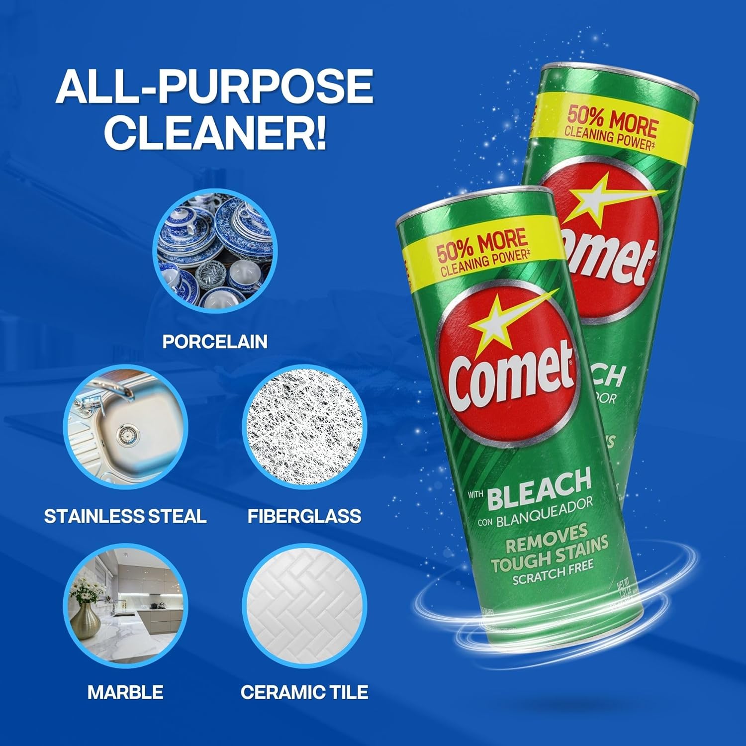 Poudre à Récurer Comet avec Javel, Nettoyant Cuisine & Salle de Bain, 794g – Image 5