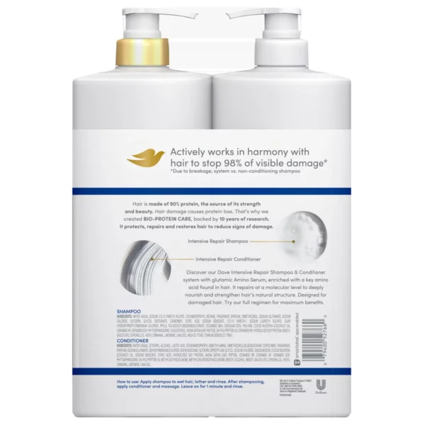Pack Shampoing & Démêlant Dove Intensive Repair, Soin Cheveux Abîmés, Grand Format, 2 x 1L – Image 7