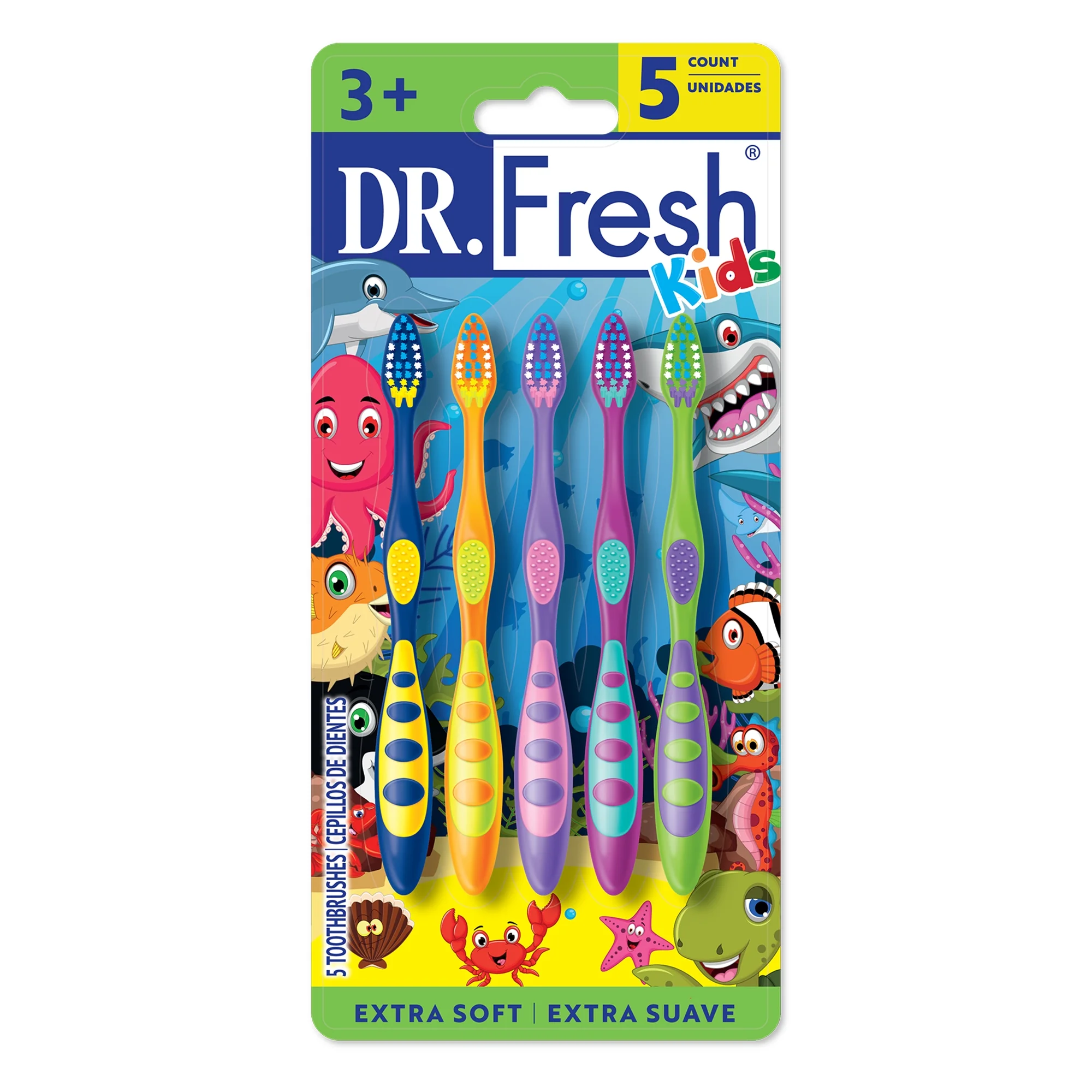 Paquet Brosses à Dents Enfant Dr. Fresh, Manche Antidérapant & Nettoie-Langue, 5 Unités