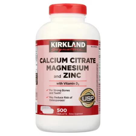Supplément Calcium, Citrate Magnésium, Zinc, Kirkland Signature, Santé Osseuse & Immunité, 500 Comprimés