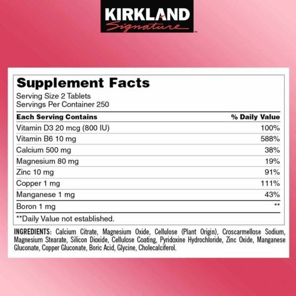 Supplément Calcium, Citrate Magnésium, Zinc, Kirkland Signature, Santé Osseuse & Immunité, 500 Comprimés – Image 3