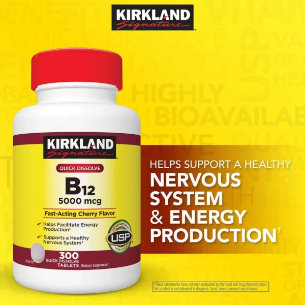 Supplément Vitamine B-12, 5000 mcg, Énergie & Système Nerveux, Dissolution Rapide, 300 Comprimés – Image 2