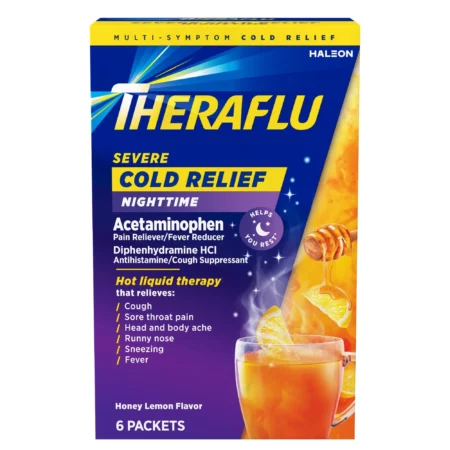 Theraflu Nuit Poudre Rhume & Grippe Sévère, Thé Blanc Miel Citron, 6 Sachets