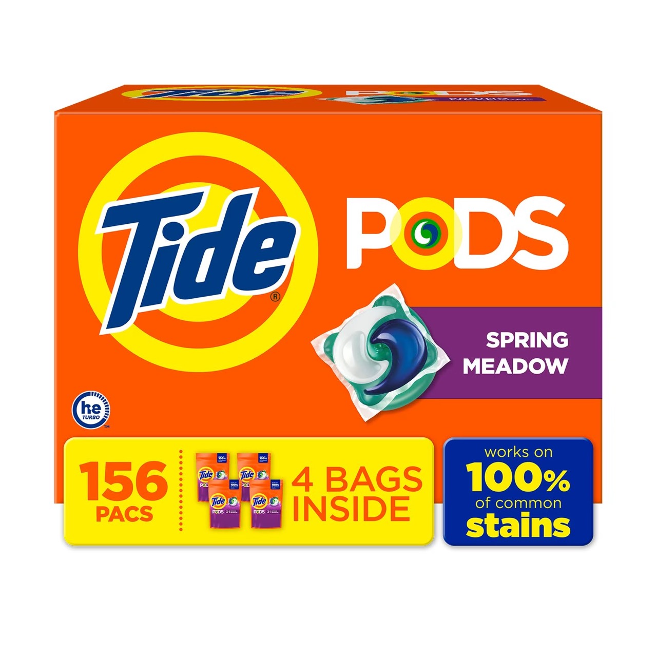 Capsules Lessive TIDE PODS 3-en-1, Senteur Fraîche Printemps, HE Compatible, 156 Unités (4 sacs)