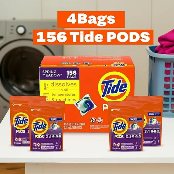 Capsules Lessive TIDE PODS 3-en-1, Senteur Fraîche Printemps, HE Compatible, 156 Unités (4 sacs) – Image 2