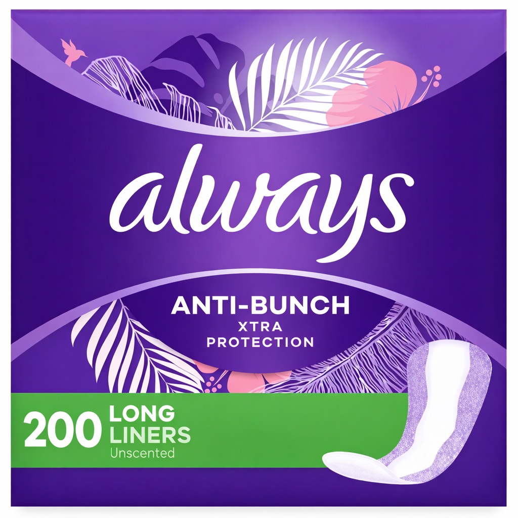 Protège-slips Always Xtra Protection Daily Liners Long, Anti-Bunch & Sans Parfum, 200 Unités