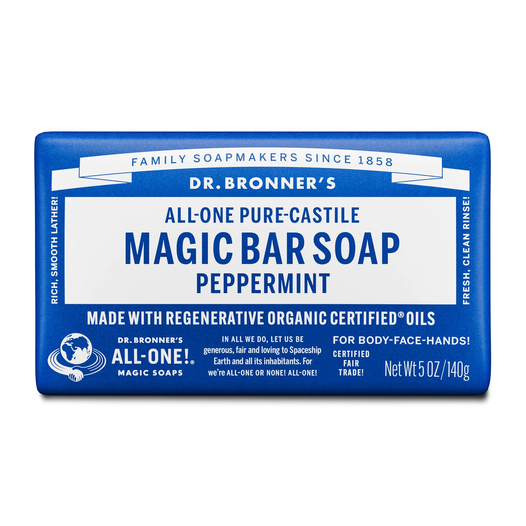 Savon En Barre Dr. Bronner's Pure-Castile Magic Soap, Peppermint Et Huile De Coco Bio, 140 g