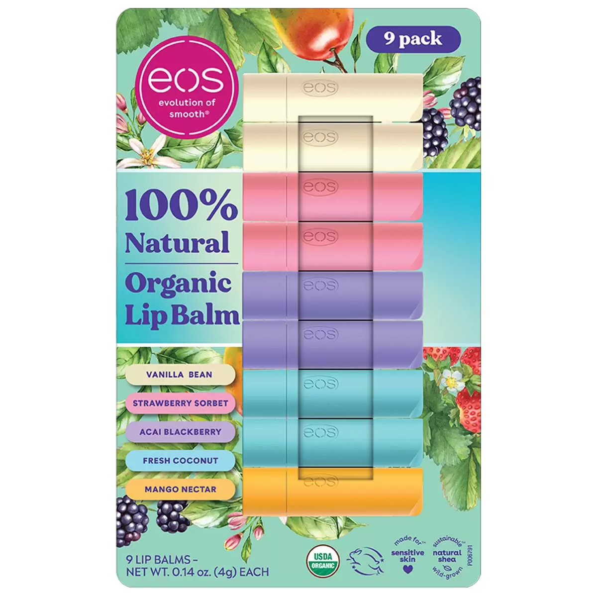 Baume À Lèvres Eos Organic Lip Balm Stick , Vanille, Fraise, Coco, Mangue, 100% Naturel