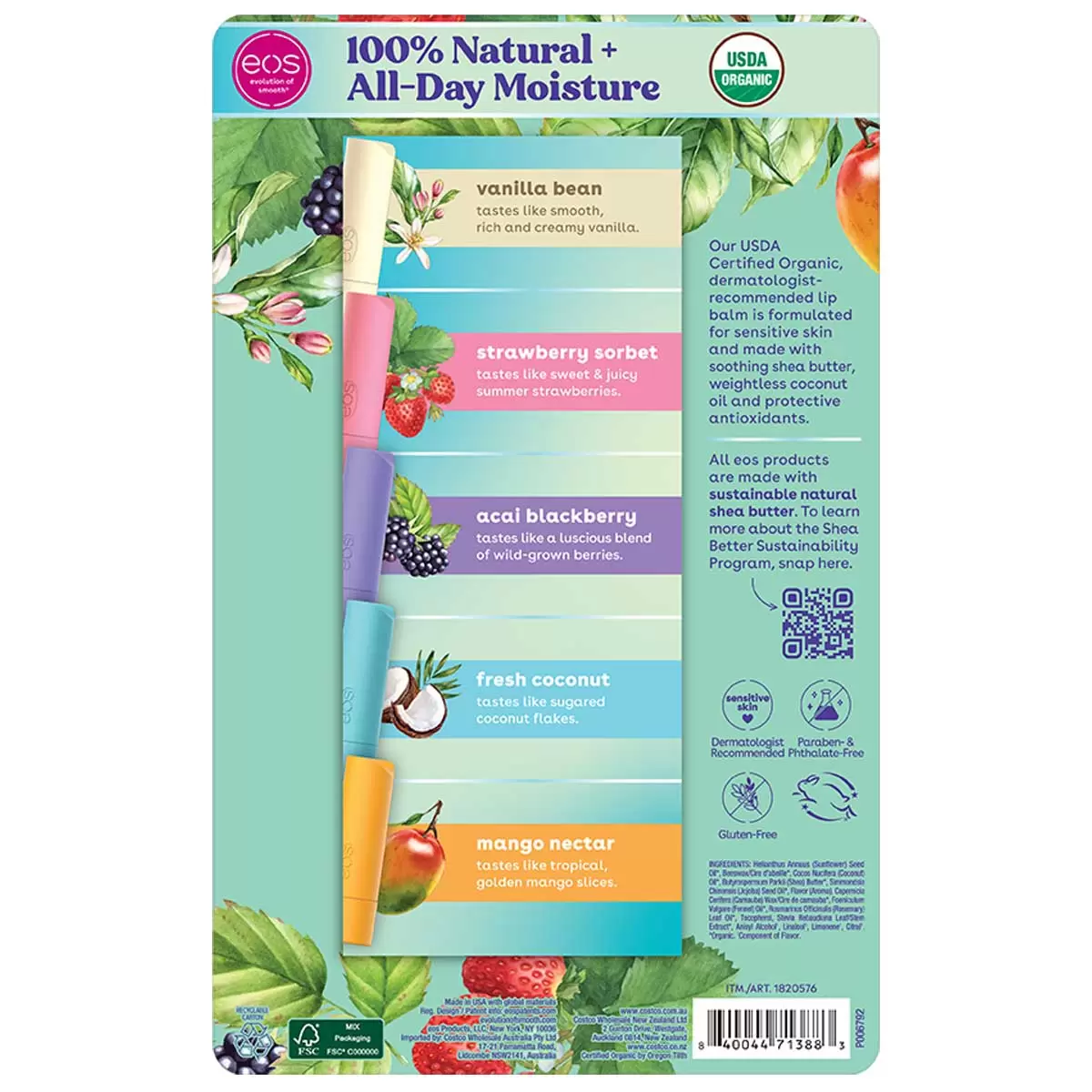 Baume À Lèvres Eos Organic Lip Balm Stick , Vanille, Fraise, Coco, Mangue, 100% Naturel – Image 2