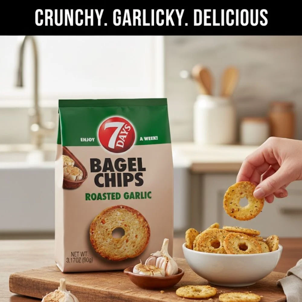 7Days Bagel Chips, Croustilles de Bagel à l'Ail Rôti (Roasted Garlic), Ingrédients Naturels et Non-GMO, 90g – Image 4