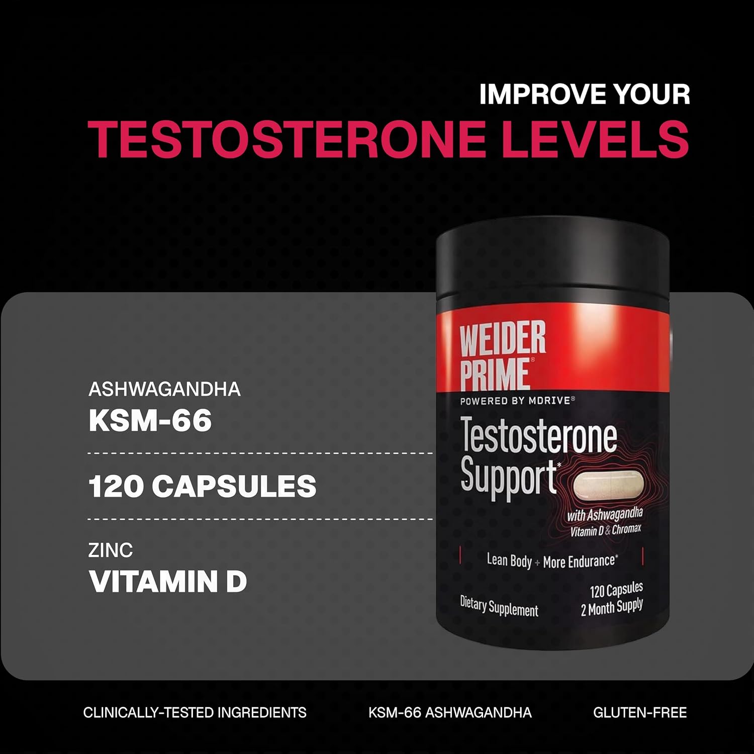 Weider Prime Testosterone Support, Formule Vitalité Masculine avec Ashwagandha KSM-66, Zinc et Bioperine, 120 Capsules – Image 4